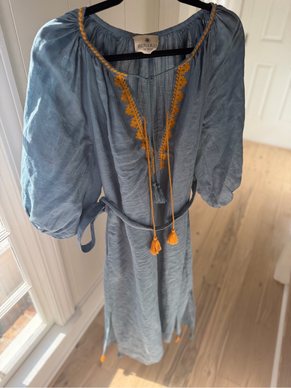 Benaras by Citrus Light Blue Tassel Midi Dress with Mustard Trim size small
